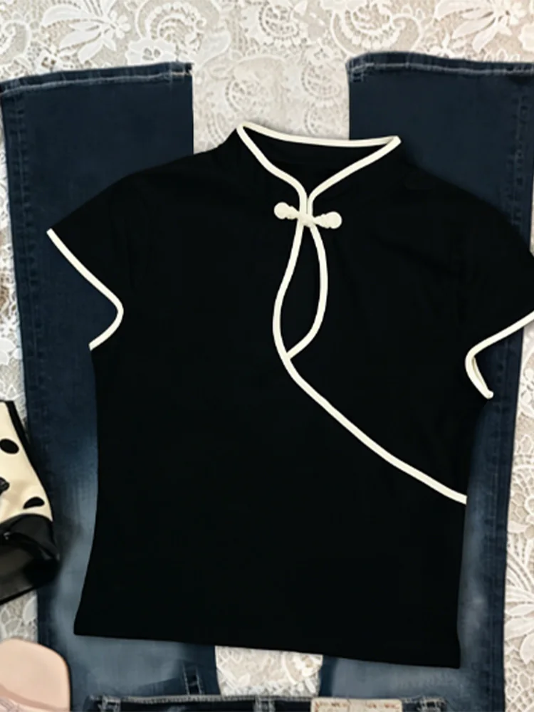 Sommer Slim Fit Crop Top Damen Chinesischer Cheongsam-inspirierter Stehkragen Knopfleiste Schlüsselloch-Kurzarm-T-Shirt Oberteil