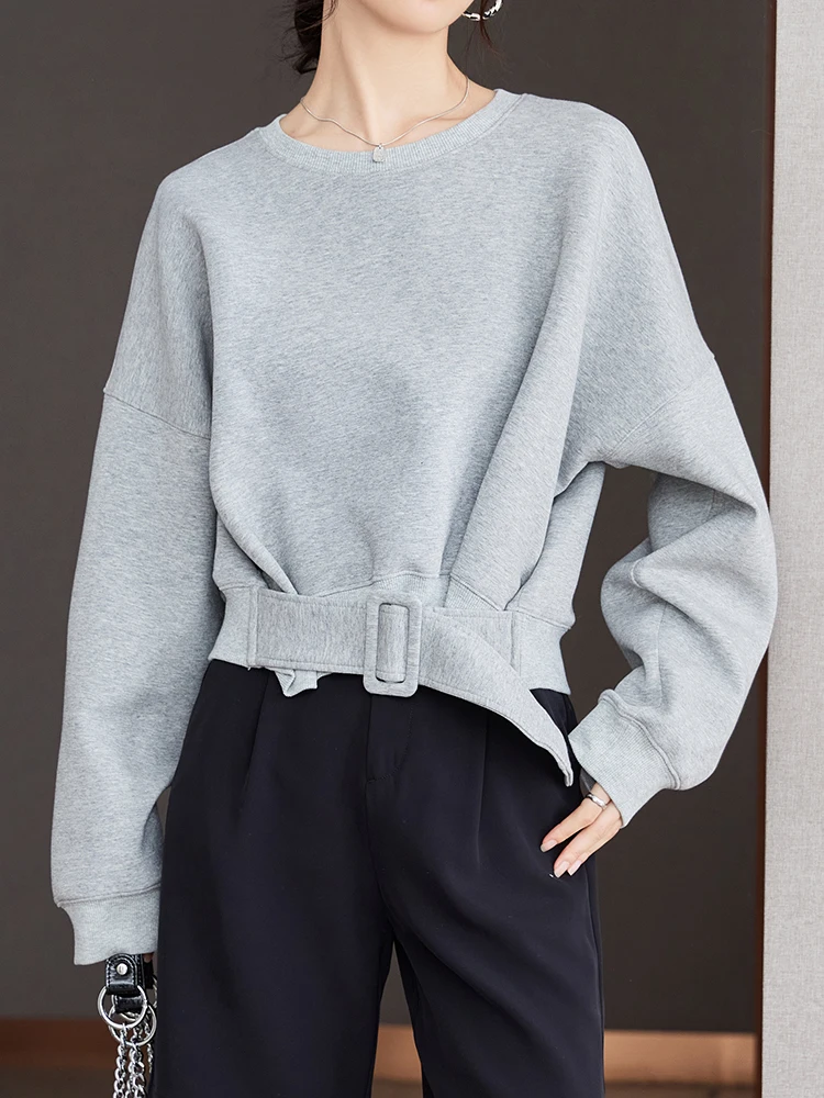 Stylish Grey Sweatshirts Autumn Winter Women Plain Long Sleeve Belt Waist Loose Casual Oversize Pullovers Korean Short Jumper