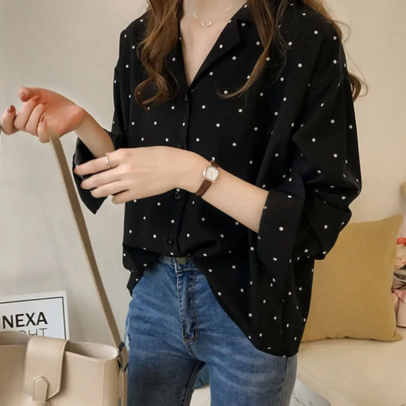 Dot Print Button Turn-down Collar Long Sleeve Women\'s Chiffon Blouse Fashion And Elegant Versatile Shirt