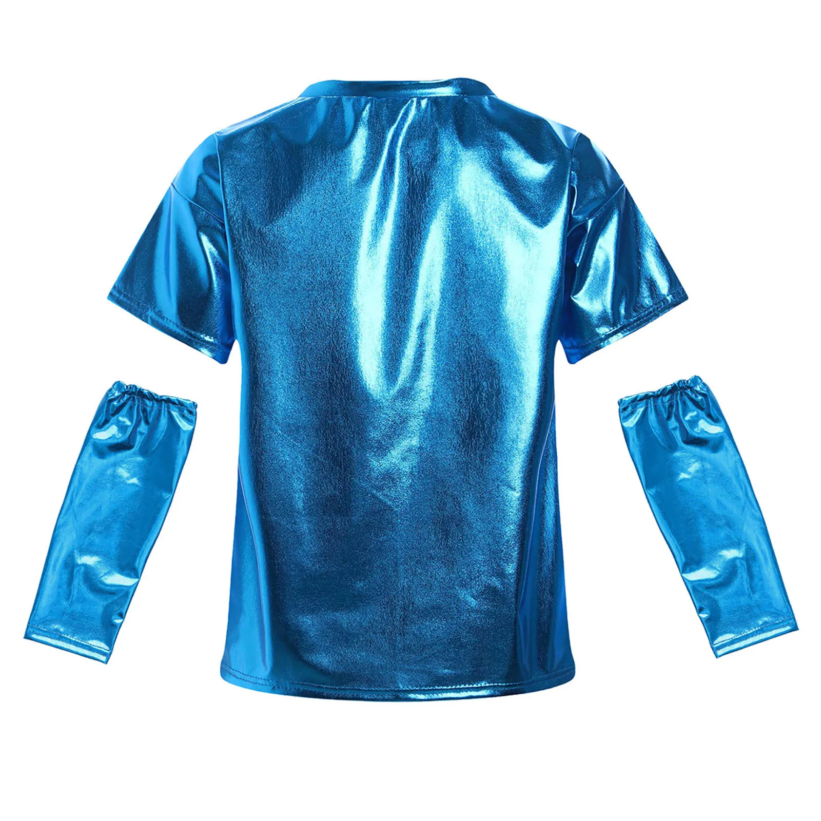 Bambini Ragazze Ragazzi Jazz Dance Streetwear Party Stage Performance Top T-shirt girocollo a maniche corte metallizzata lucida con guanti