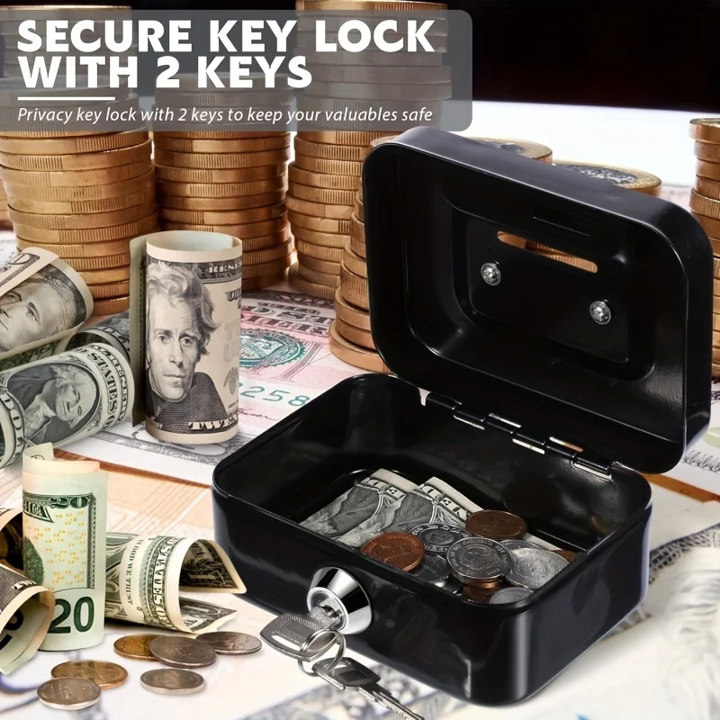 Metal Cash Box with Key Lock - Secure Coin Storage & Piggy Bank for Office/Home, Includes Handle