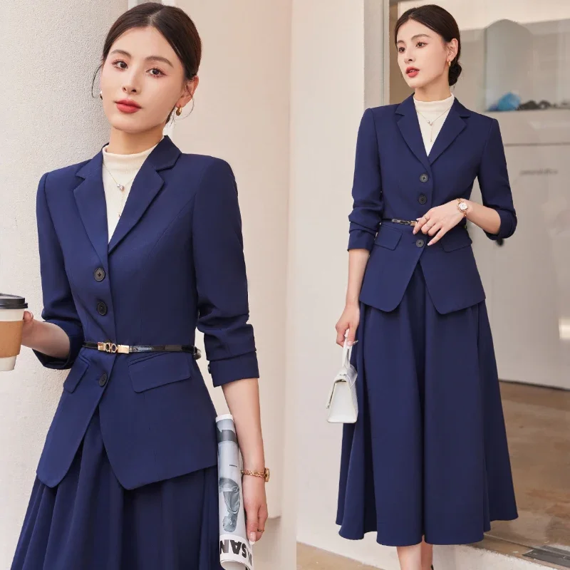 Insozkdg Women Blazer Suits Autumn 2 Pieces Set Single-Breasted Belt Blazers Tops A-Line Skirt Casual Office Work Suit
