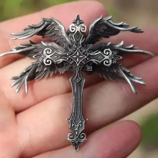 Outdoor EDC Six Winged Angel Cross Necklace Pendant Punk Heavy Metal Chain Tools