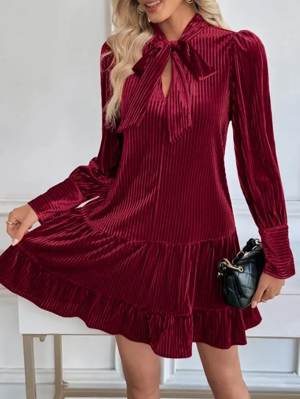 الخريف والشتاء جديد بلون جولة الرقبة الدانتيل يصل فستان سروال قصير الزخرفية لعيد الميلاد المرأة فستان أنيق بأكمام طويلة #6