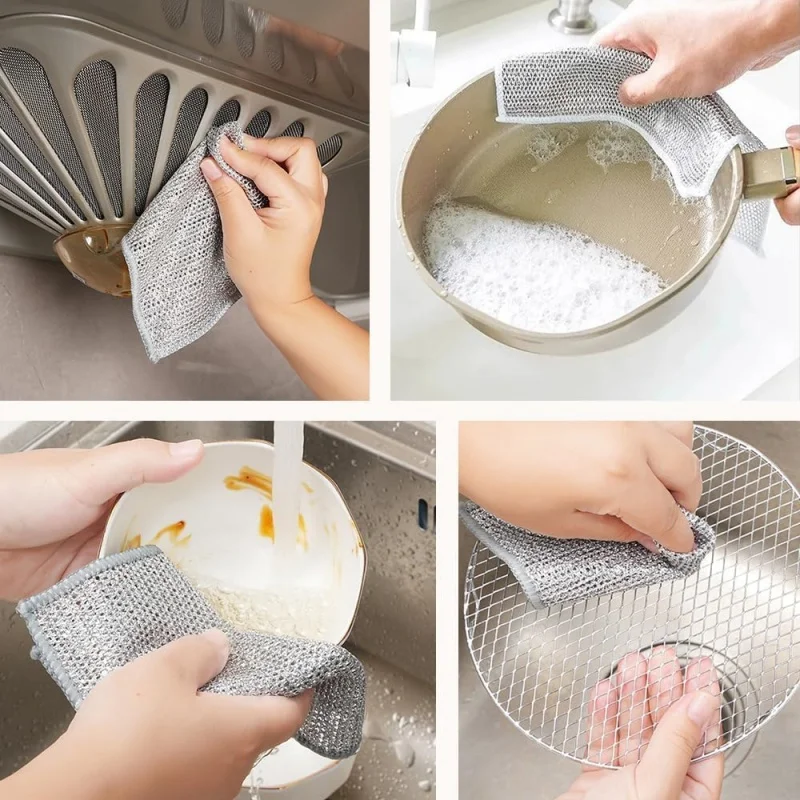 Magic Metal Wire Dishcloth Double Layer Thickened Cleaning Cloths Microfiber Wash Cloth Towel Kitchen Dishwashing Scouring Pads