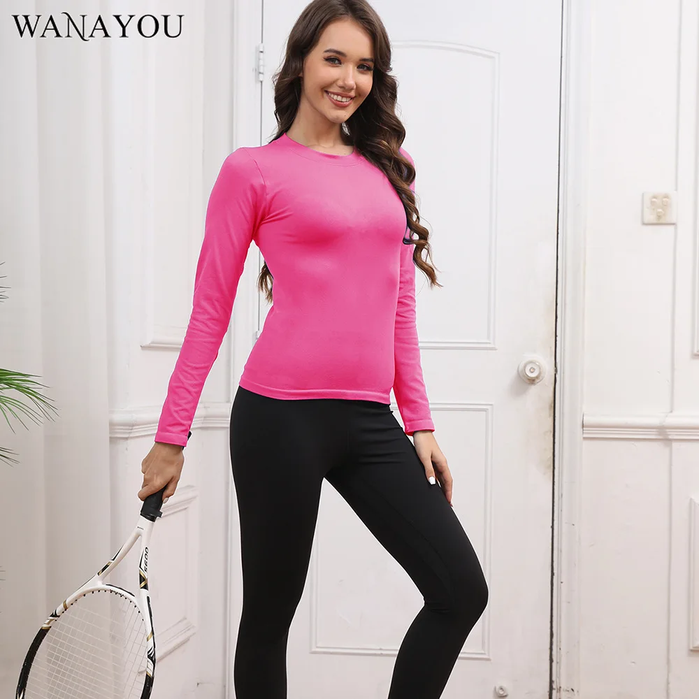 

WANAYOU рубашки для йоги с круглым вырезом, спортивные футболки с длинными рукавами, быстросохнущие рубашки для тренажерного зала и фитнеса, рубашки для бега, женская одежда