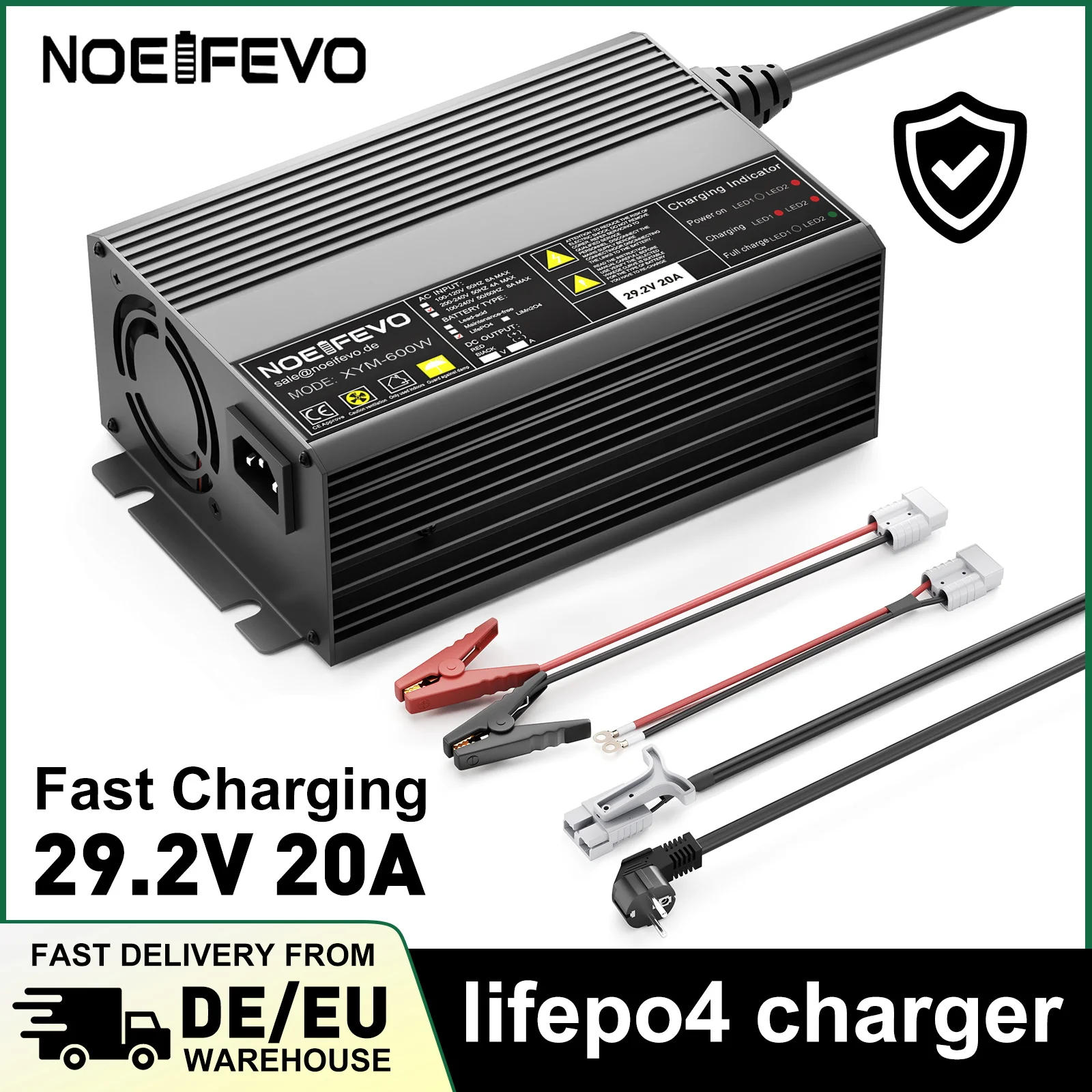 Caricabatterie NOEIFEVO LiFePO4 25,6 V 24 V, caricabatteria al litio LFP 29,2 V 20 A 8 S, attivazione BMS 0 V, ventola di raffreddamento, 8 protezioni