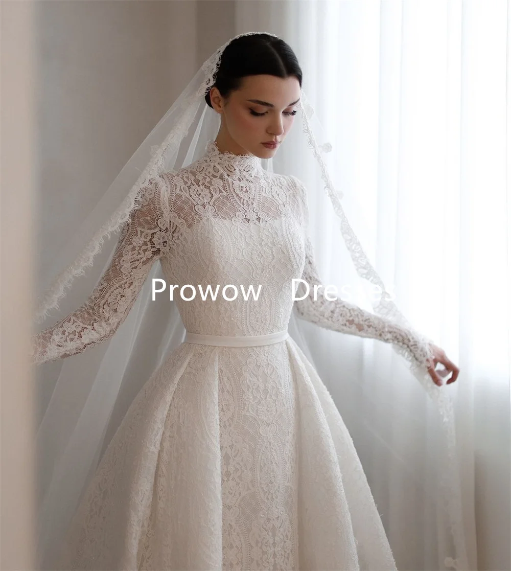 

Prowow Luxury Lace A Line Wedding Dresses Floor Length Arabic Bridal Gown High Neck Sweep Train Full Sleeves Customized