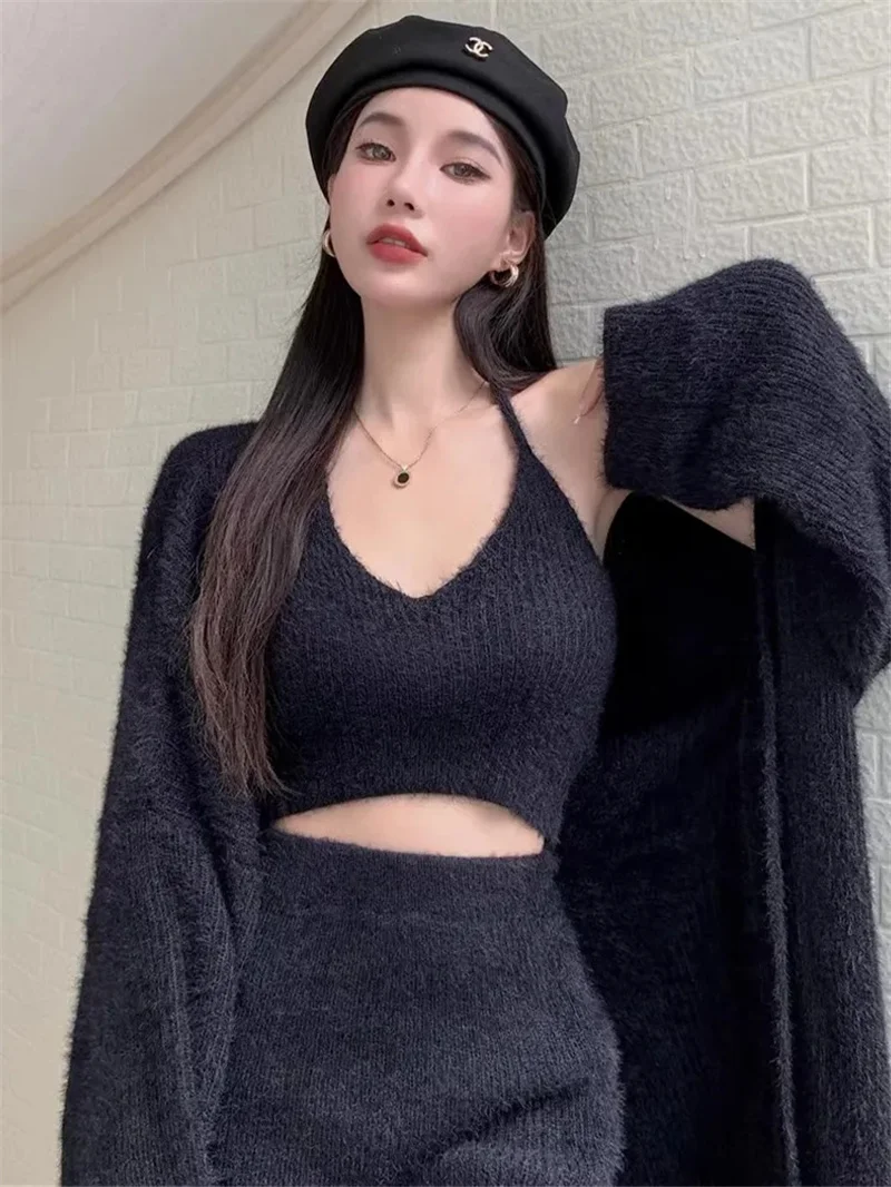 طقم سترة من ثلاث قطع للنساء ، تنورة نصف حمالة ، طراز كسول ، فتاة جذابة ، ملابس خارجية ، خريف ، شتاء #6