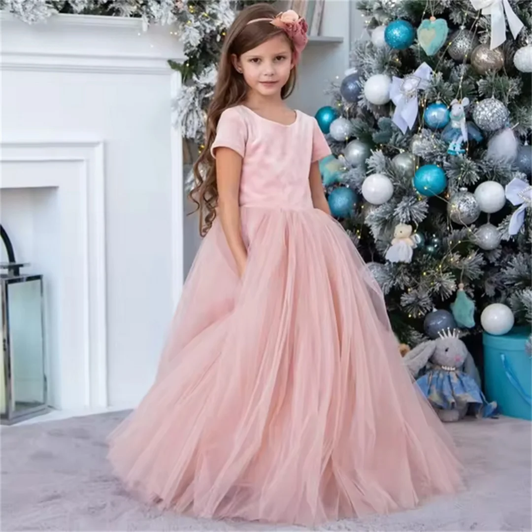 Pink Flower Girl Dresses Tulle Puffy Satin With Bow Short Sleeve For Wedding Birthday First Communion GPink Flower Girl Dresowns