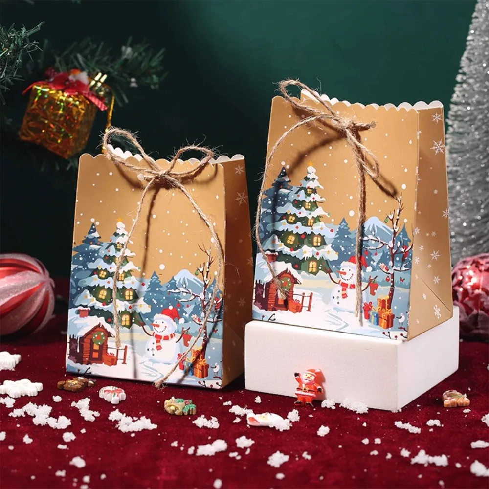 10PCS Christmas Kraft Paper Bags Colorful Cartoon Santa Claus Gift Bags with Rope Handbag Gift Wrapping Christmas Party Supplies