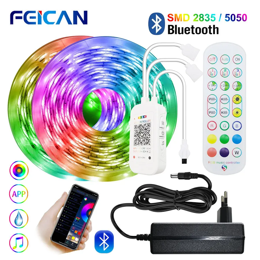 Smart Bluetooth LED Strip Lights, Impermeável Flexível, Cortável, Fita RGB, Sincronização de Música, Retroiluminação Temporizada, 5m, 10m, 20m, 30m