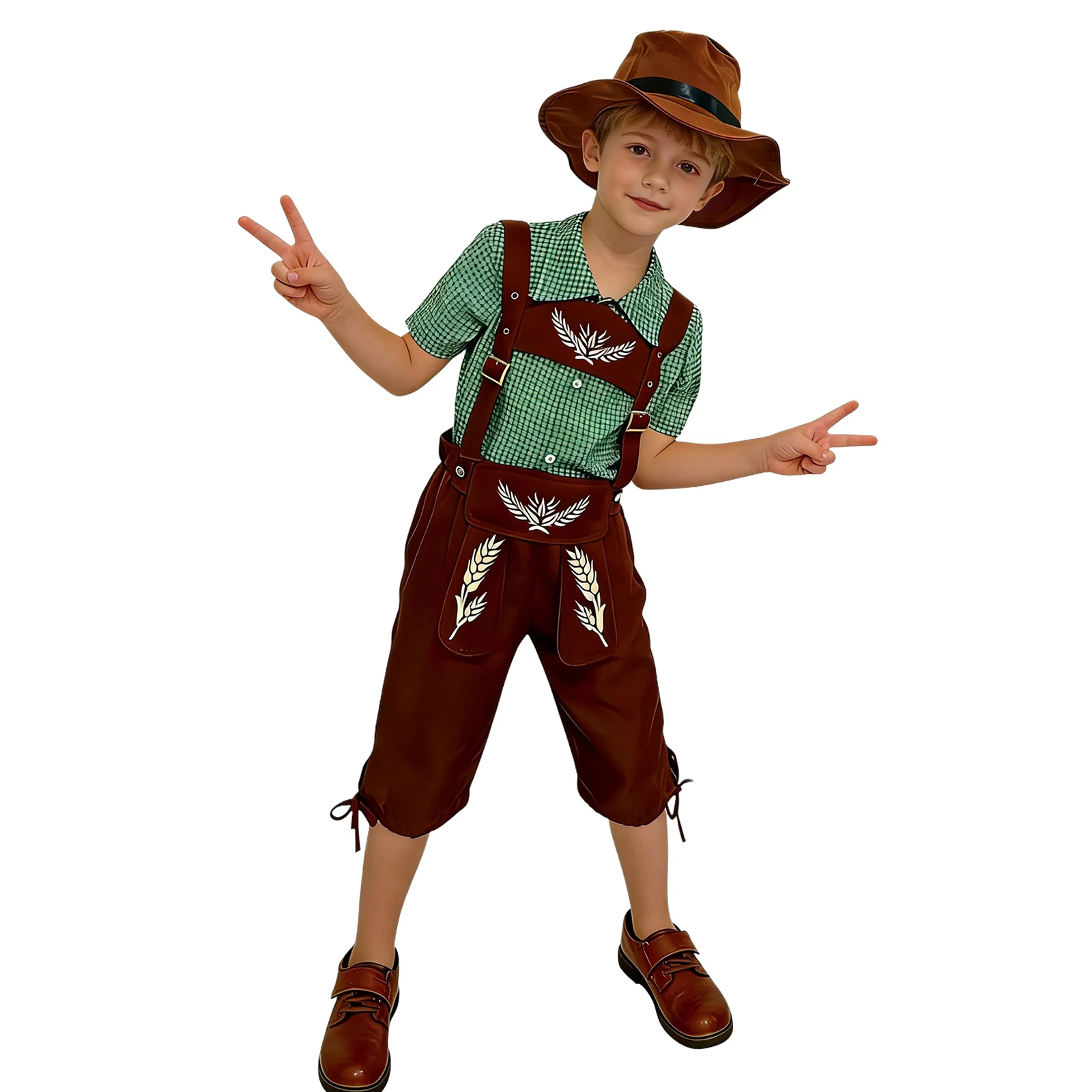 

Boys Oktoberfest Costume Beer Festival Outfit Checkered Short Sleeve Shirt Suspenders Pants Hat Set German Bavarian Party Suit