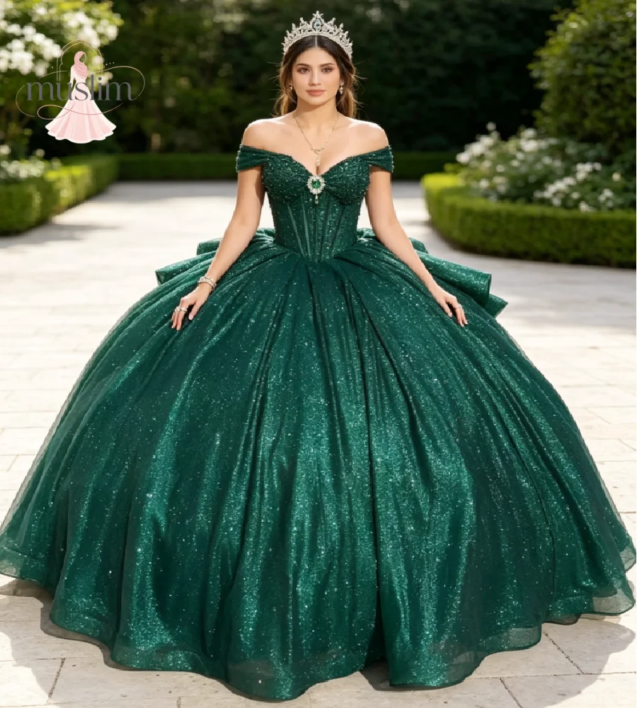 Emerald Green Quinceanera Dresses Off Shoulder Corset Back Glitter Tulle Ball Gown  Vestidos De 15 Años Beaded Party Customized