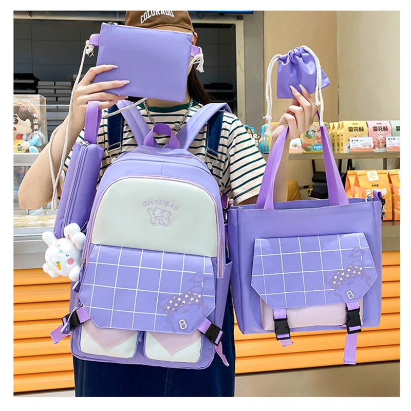 Mochila escolar a cuadros para niños, bolsos kawaii para niños, bolso de mano para niñas, juego de lápices, blanco y negro, 6 piezas por juego