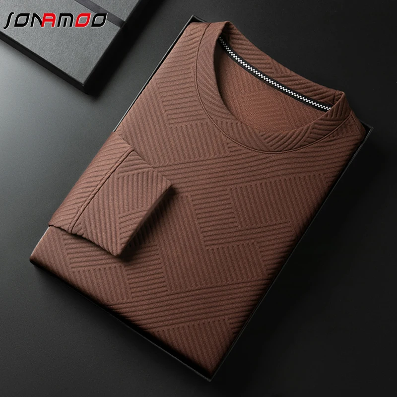 Spring and Autumn Men's Casual Jacquard Long sleeved Round Neck T-shirt Fashion Top