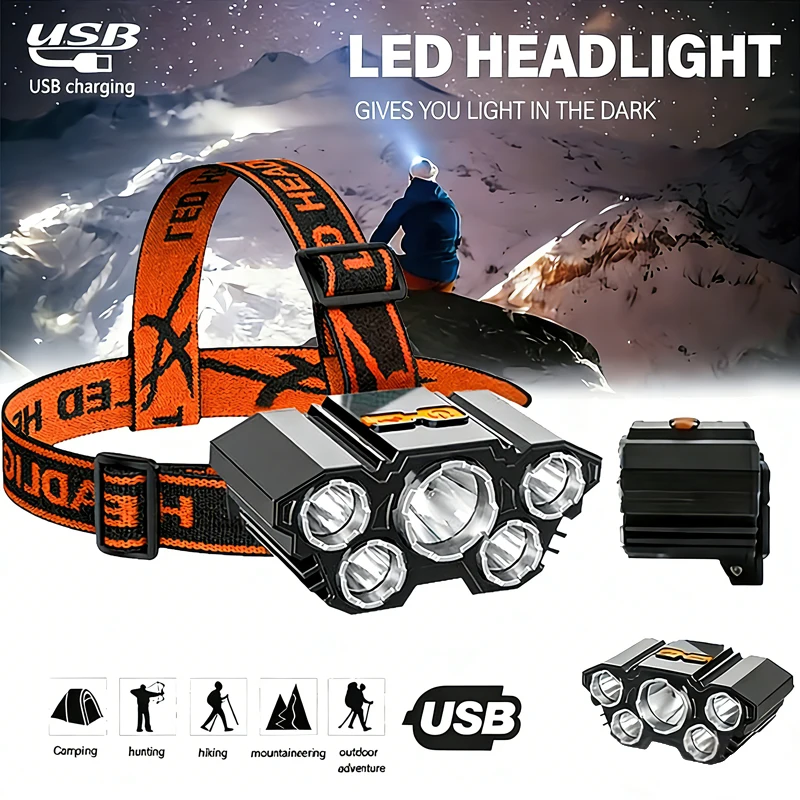 

5-светодиодный фонарик, перезаряжаемый, со встроенной литиевой батареей, сильный налобный фонарь, налобный фонарь для кемпинга, приключений, рыбалки, велоспорта