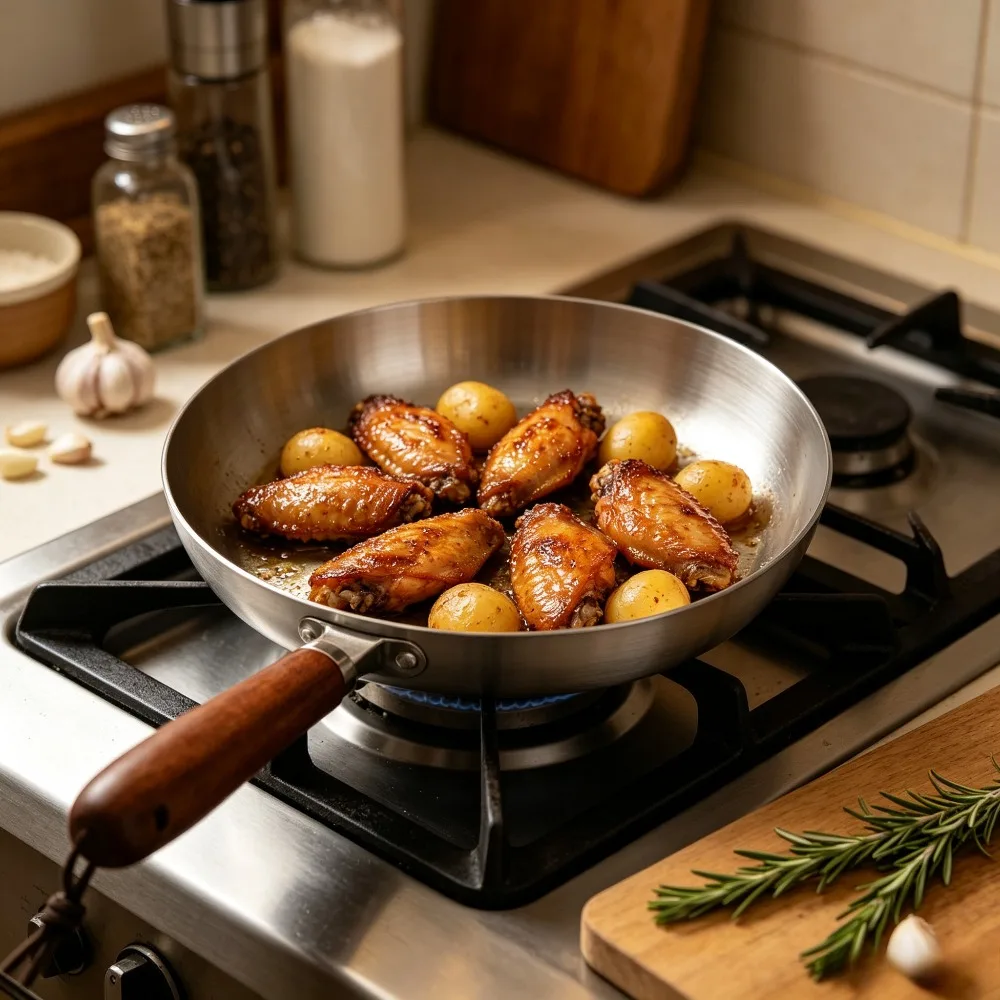 Stainless Steel Nonstick Frying Pan Skillet Wood Handle Egg Omelette Pancake Breakfast Camping BBQ Home Kitchen Tools Cookware