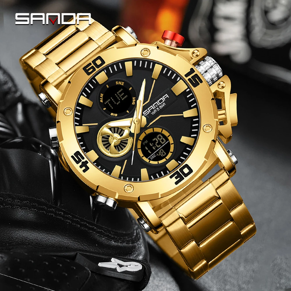 

SANDA 3350 Fashionable And Trendy Men's Electronic Watch Sports Multifunctional Waterproof Dual Display Men's Electronic Watch