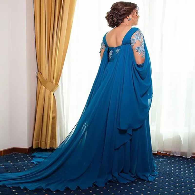 Luxury Blue Mother Of The Bride Dress Plus Size 2026 Elegant Caped Dubai Evening Dress For Wedding Guest Wear Sexy Backless