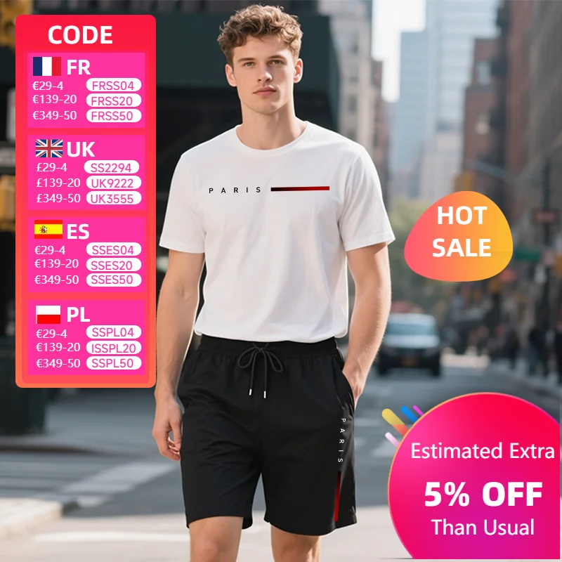 

Мужской короткий костюм, повседневная футболка с круглым вырезом и принтом + шорты, комплект из 2 предметов, спортивные шорты для бега в тренажерном зале, комплект 2025, горячая распродажа, летние уличные наряды