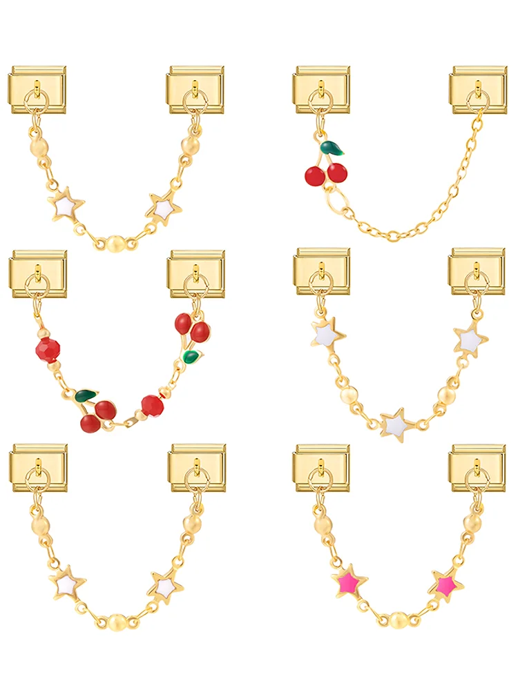 2025 Nouveau rouge cerise étoile coeur couleur or chaîne gland italien charme lien ajustement 9mm Bracelet en acier inoxydable femmes bricolage faisant cadeau