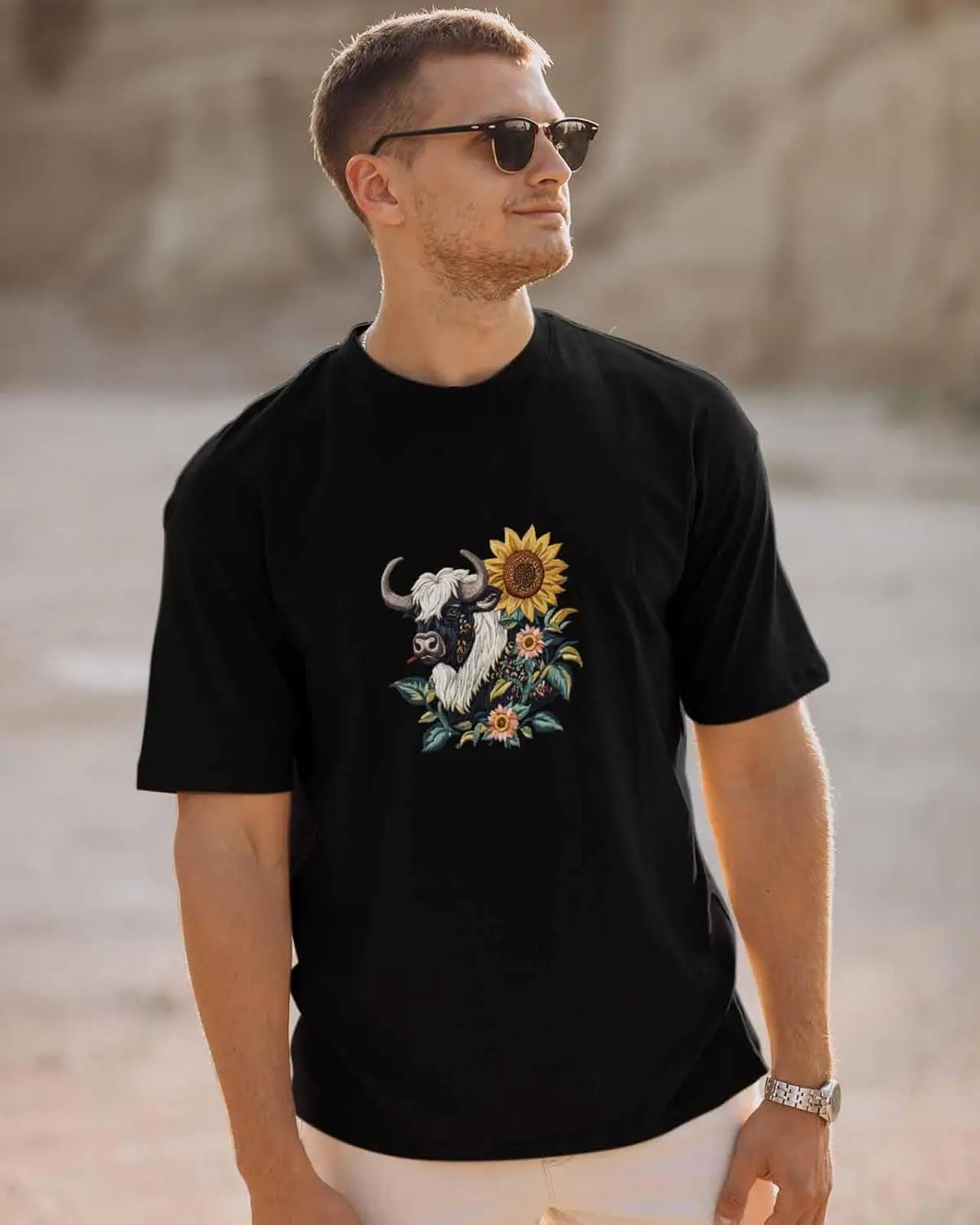 Men's T-Shirt, Novelty Graphic T-Shirt Black Wild Yak Sunflower Cow Cotton Crew Neck Men's Short Sleeve Basic Tshirts Black-L