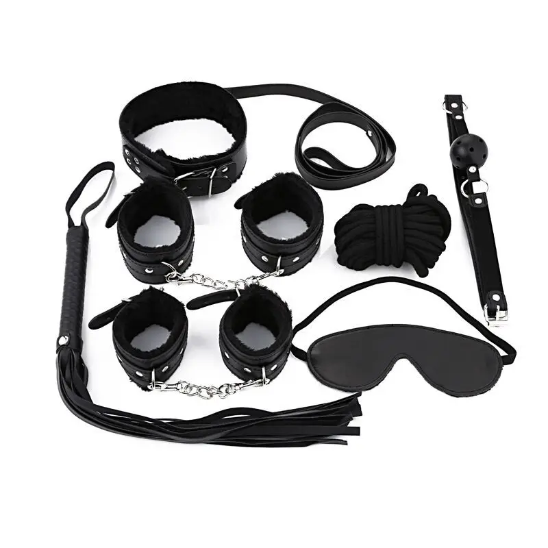 7Pcs/Set Black Soft PU Leather Handcuffs Restraint Sex Exotic Products Ankle Cuffs Bondage Slave Toys For Couple Accessories