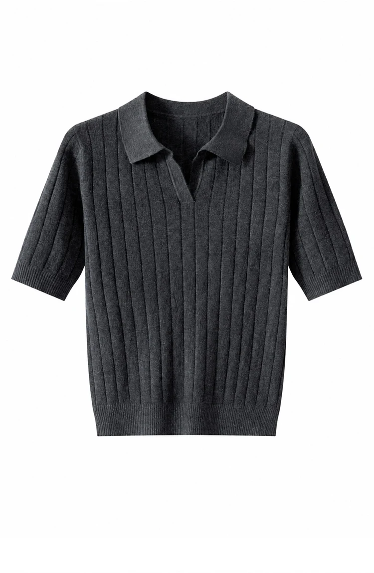 MZ62056 Damen-Pullover mit Polokragen, offenem V-Ausschnitt, kurzen Ärmeln, geripptem Strick, einfarbig, weiche Modal-Mischung, lässiges Oberteil für den frühen Herbst. – Detail 12