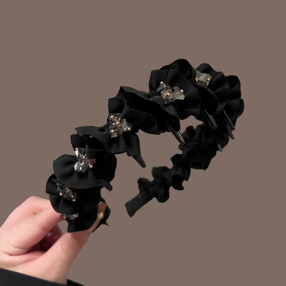 1pc Elegant Black Headband with Rhinestone Accents Flower Design Perfect for Chic Styles Evening Events Luxe Hair Accessories