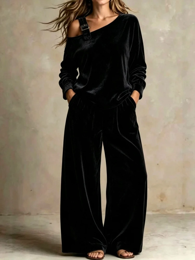 Velvet Pant Set One Shoulder Buckle Strap Long Sleeve Off Shoulder Top Elastic Loose Wide Leg Pants Elegant Two Piece Suits