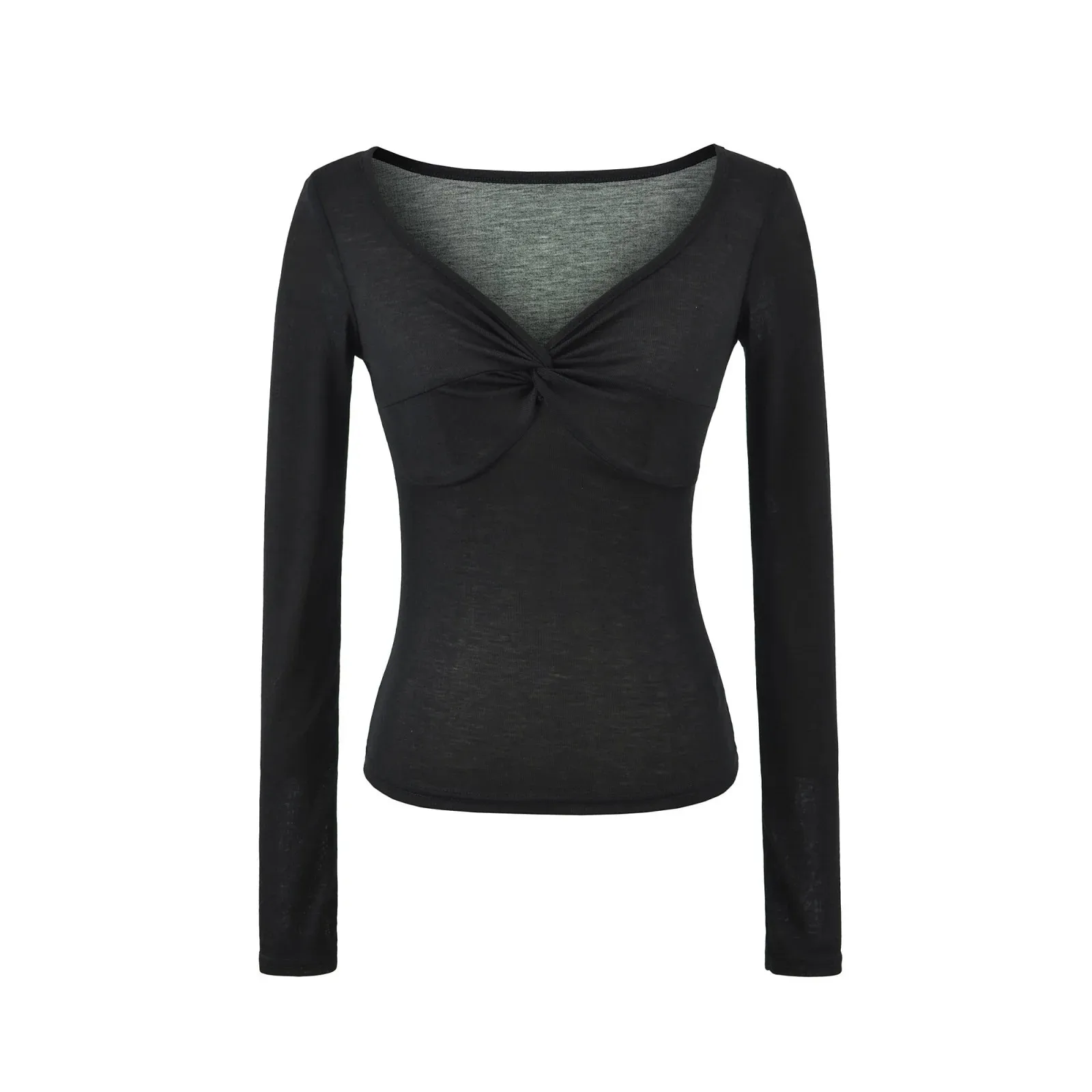 Sexy Deep V-Neck Long Sleeve Twist Top for Women 2026 Spring Slim Fit Waist-Cinching Base Shirt   3ES9
