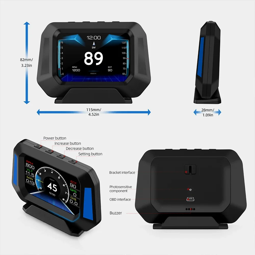 P21 head-up display Obd2+GPS Multifunction Speedometer Electronic On-board Computer  Auto Accessories 12 language settings