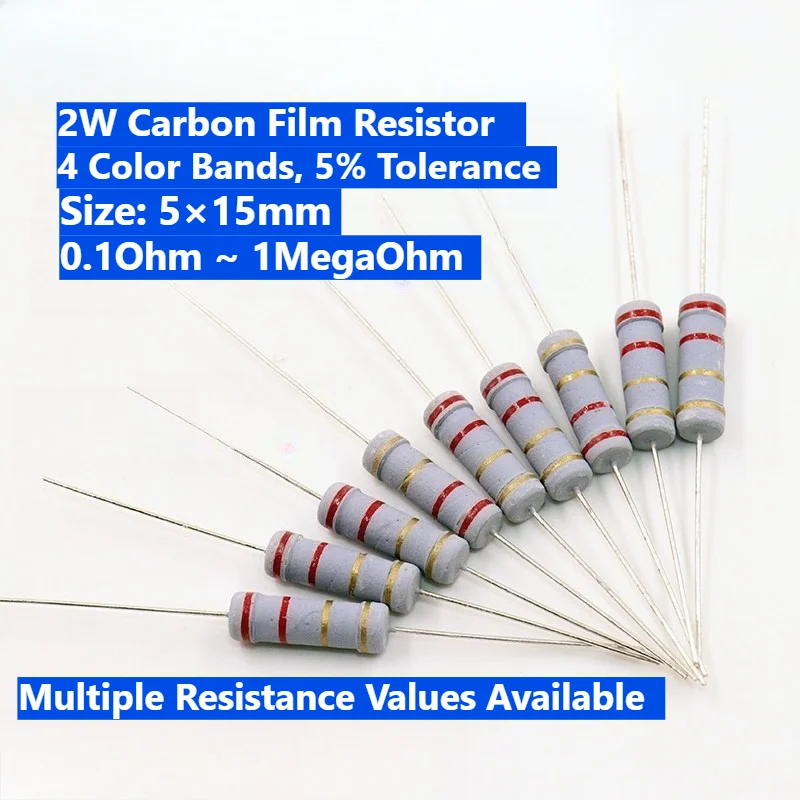 カーボン皮膜抵抗器キット-2w-5-許容誤差-4-カラーバンド-01ohm-1mohm-200-個-diy-電子回路用