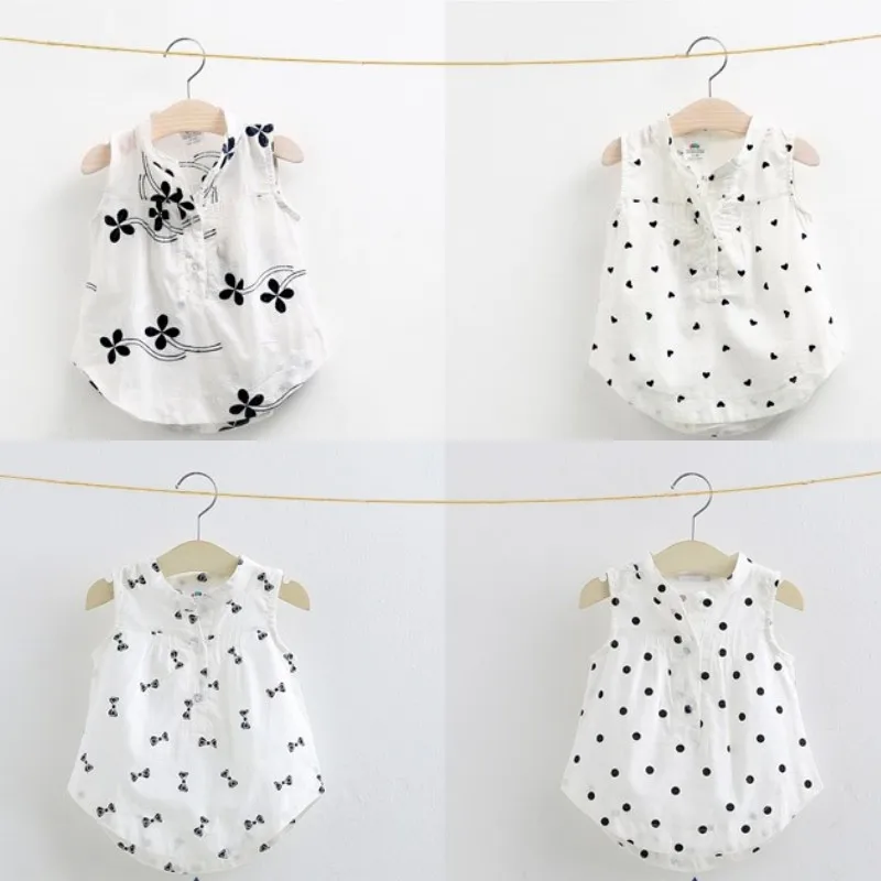 2024 Summer 2 3 4 5 6 8 10 Years Children White Flower Full Print Cotton Mandarin Collar Sleeveless Baby Kids Girl Blouse Shirt