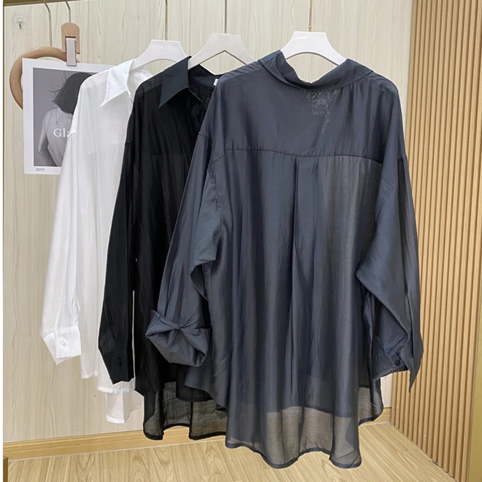 Spring Rayon New Women's Turn-down Collar Shirts Long Sleeves Sagging Sensation Loose Fit Versatile Lightweight Solid Coats