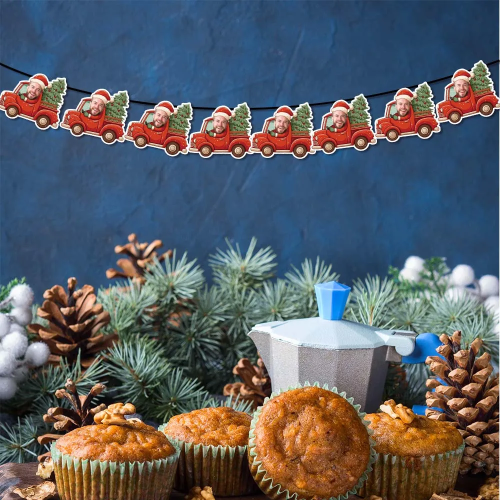 Pegatinas de regalo de pancarta de papel fotográfico de cara con patrón de coche de árbol de Navidad personalizado y juego de complemento de pastel, pegatinas decorativas de regalo de fiesta