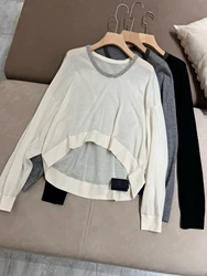 Autumn 2024 B*C Women's Beaded O-Neck Knit Sweater Casual Loose Long Sleeve Silk Wool Thin Soft Tops