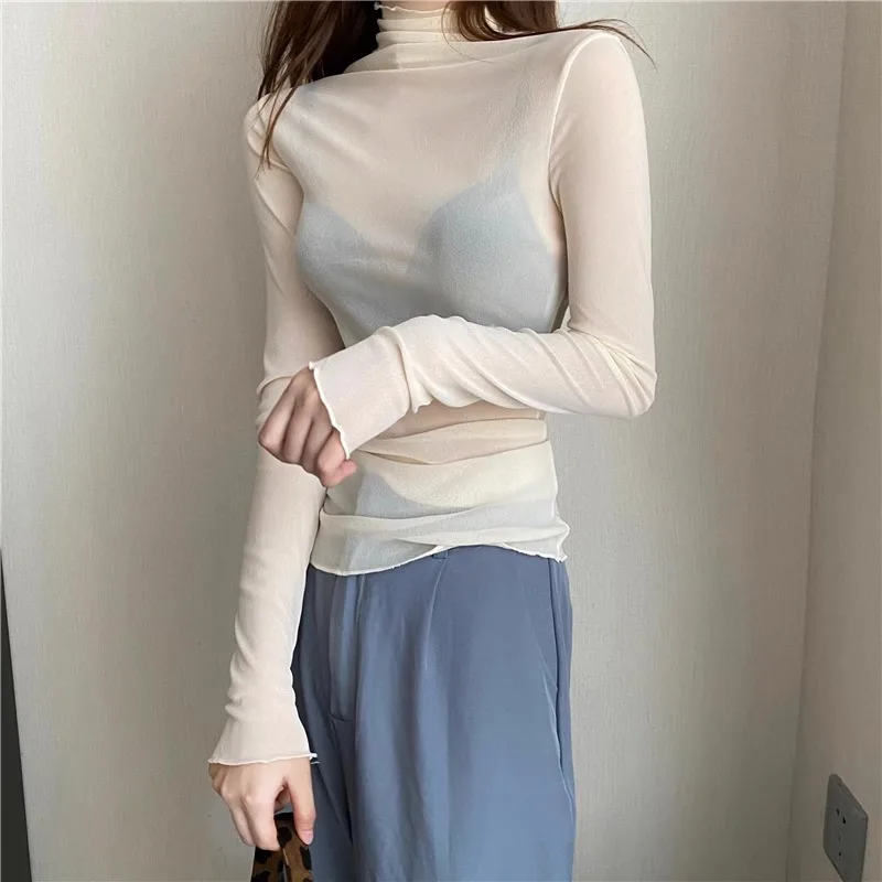 Wood ear edge high neckline lace bottom top for women with long sleeves, autumn and winter western-style layering, chiffon gauze