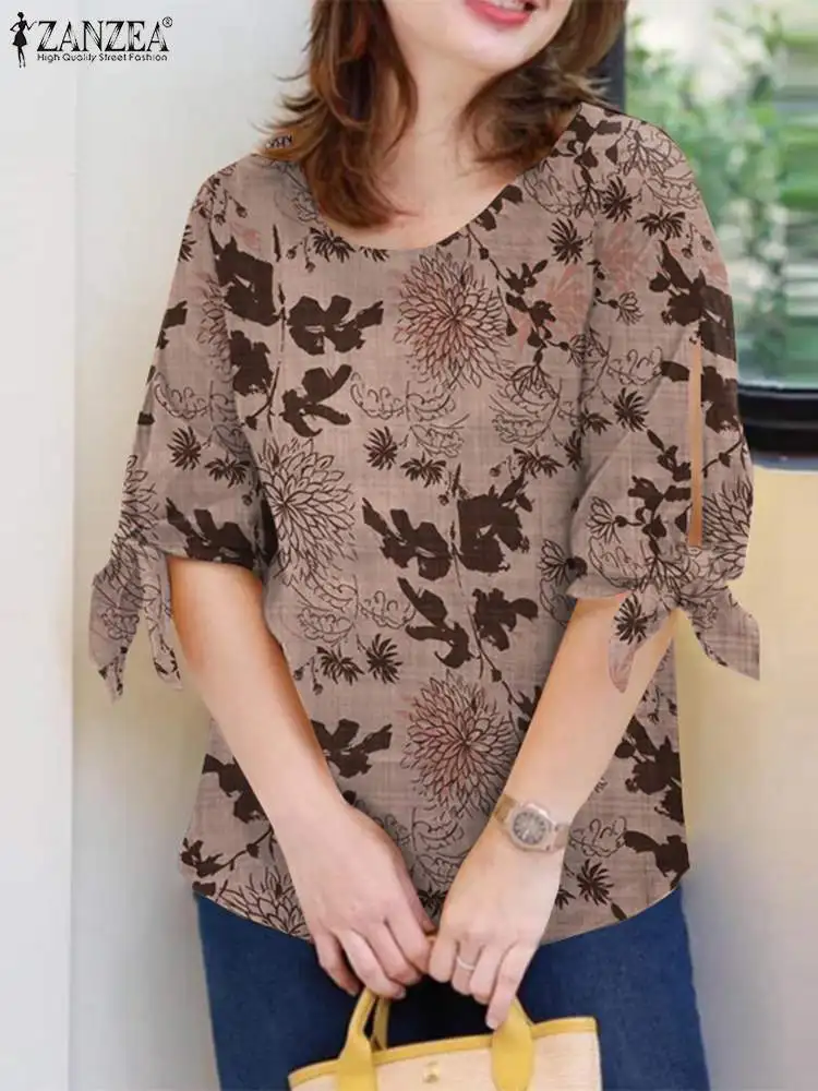 

ZANZEA Summer Women Vintage Floral Printed Tops Casual Loose Holiday Blusas Femininas Shirt Fashion O Neck 3/4 Sleeve Blouse