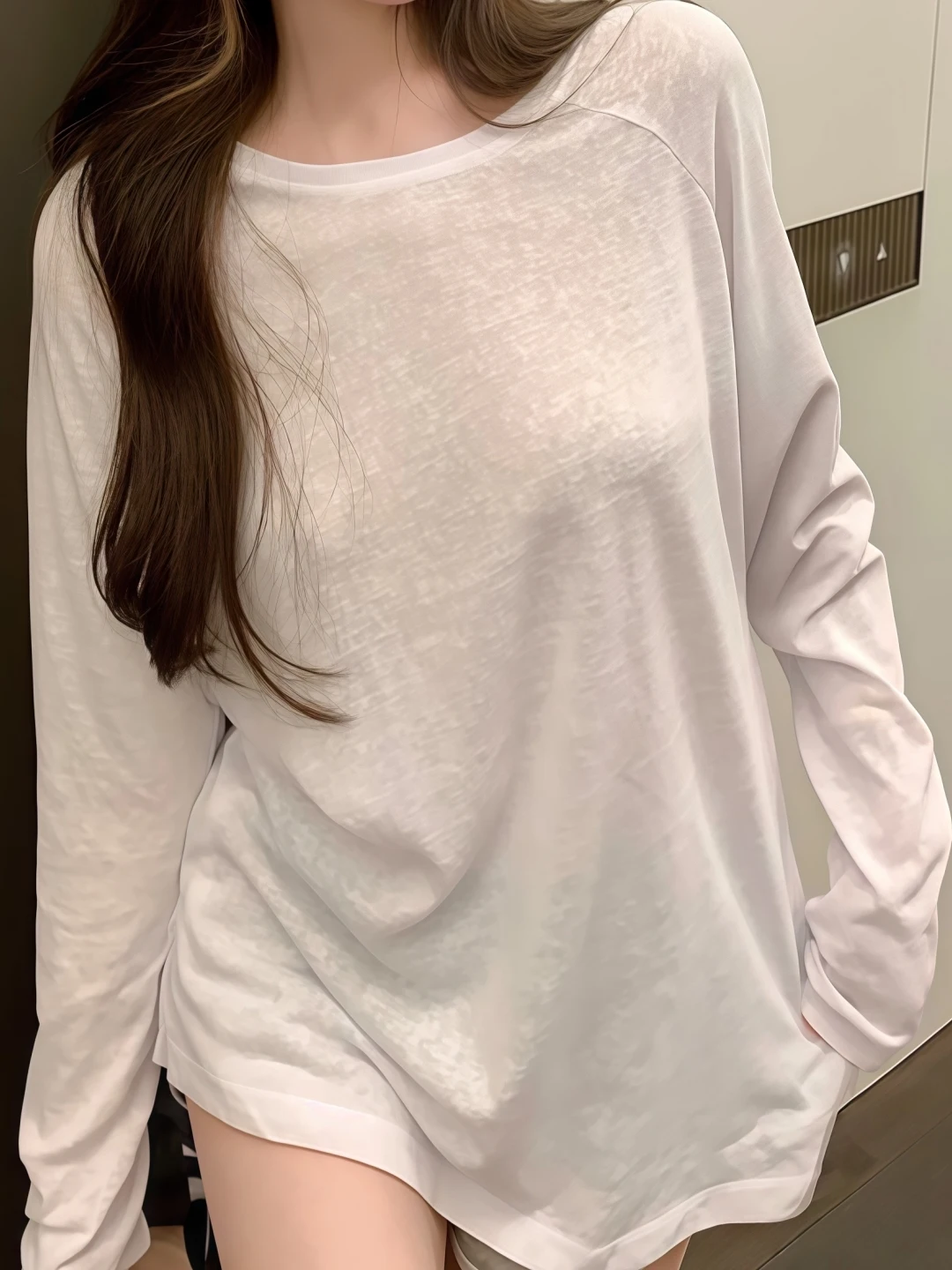 White Air Conditioned Long Sleeve T-Shirt Cover up Loose Summer Sun Protection Thin Transparent Lazy Style round Neck Top Tre...