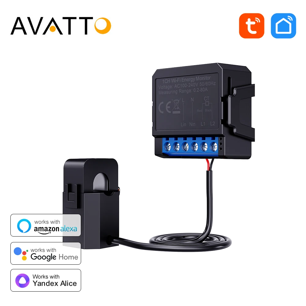 AVATTO Tuya WiFi Smart Digital Energy Meter With Current Transformer Sensor Clamp App Remote Monitor Power For Alexa Google Home