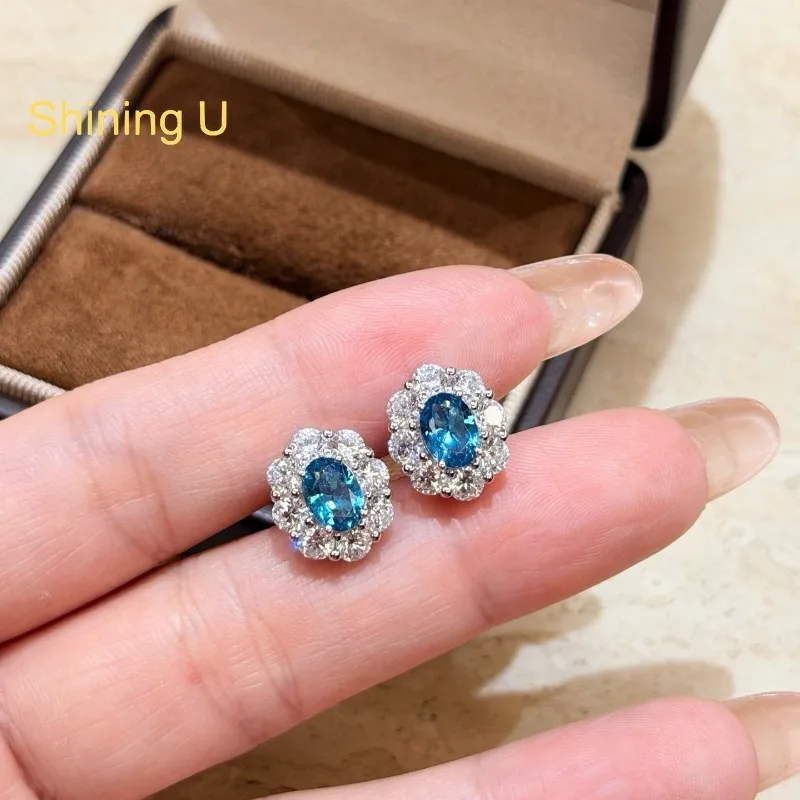 Shining U 925 Sterling Silver Oval Aquamarine Stud Earrings for Women Fine Jewelry Summer