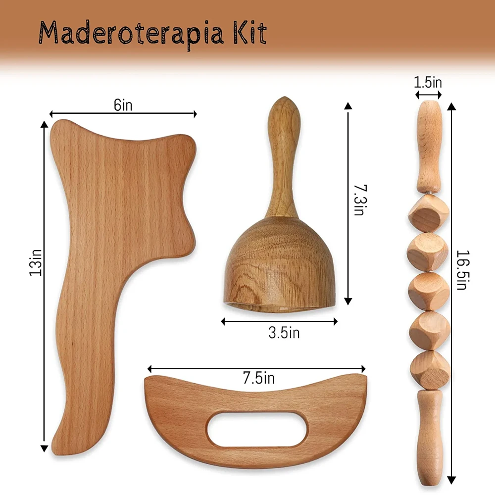 Wood Therapy Massage Tool,Wooden Massager Set,Roller Stick and Gua Sha Body Contouring Tool,Maderotherapy Kit,Lymphatic Drainage