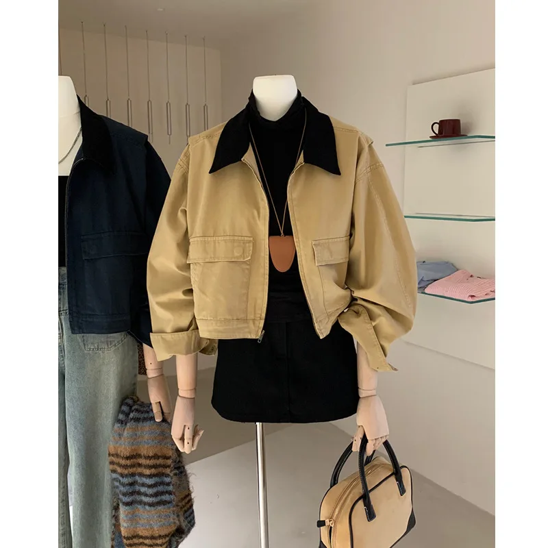 Slim Fit Lightweight Women Jacket Turn-down Collar Women's Faionable Leisure Spring Autumn Coat Vintage Splice Color