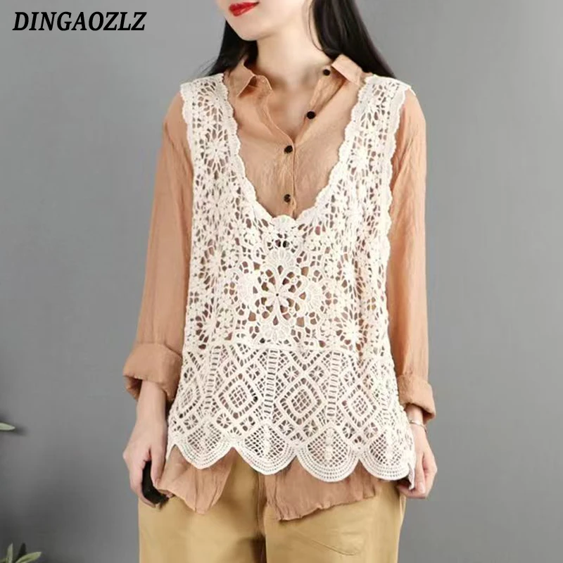 

2025 New Summer Women Embroidery Knitted Vest Shirt Art Retro Loose Tank Tops Hook Flower Hollow Out Blouse
