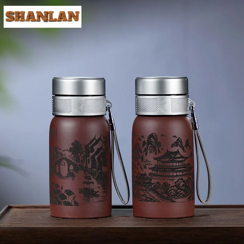 Taza de arcilla púrpura de negocios de alta gama, 400ml, hecha a mano, Yixing, mineral crudo, barro, termo para oficina, jarra de agua, paisaje, juego de té Zisha, regalo