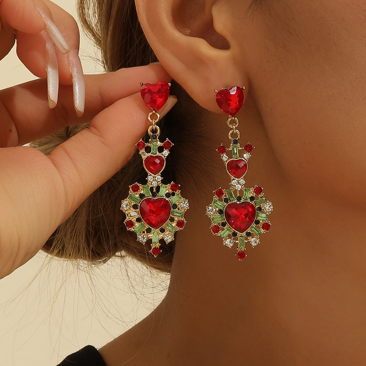 1pair Romantic Lovely Shiny Red  Heart Rhinestone Dangle Earrings，For Women Trendy Valentine\'S Day Gift，Daily Decoration