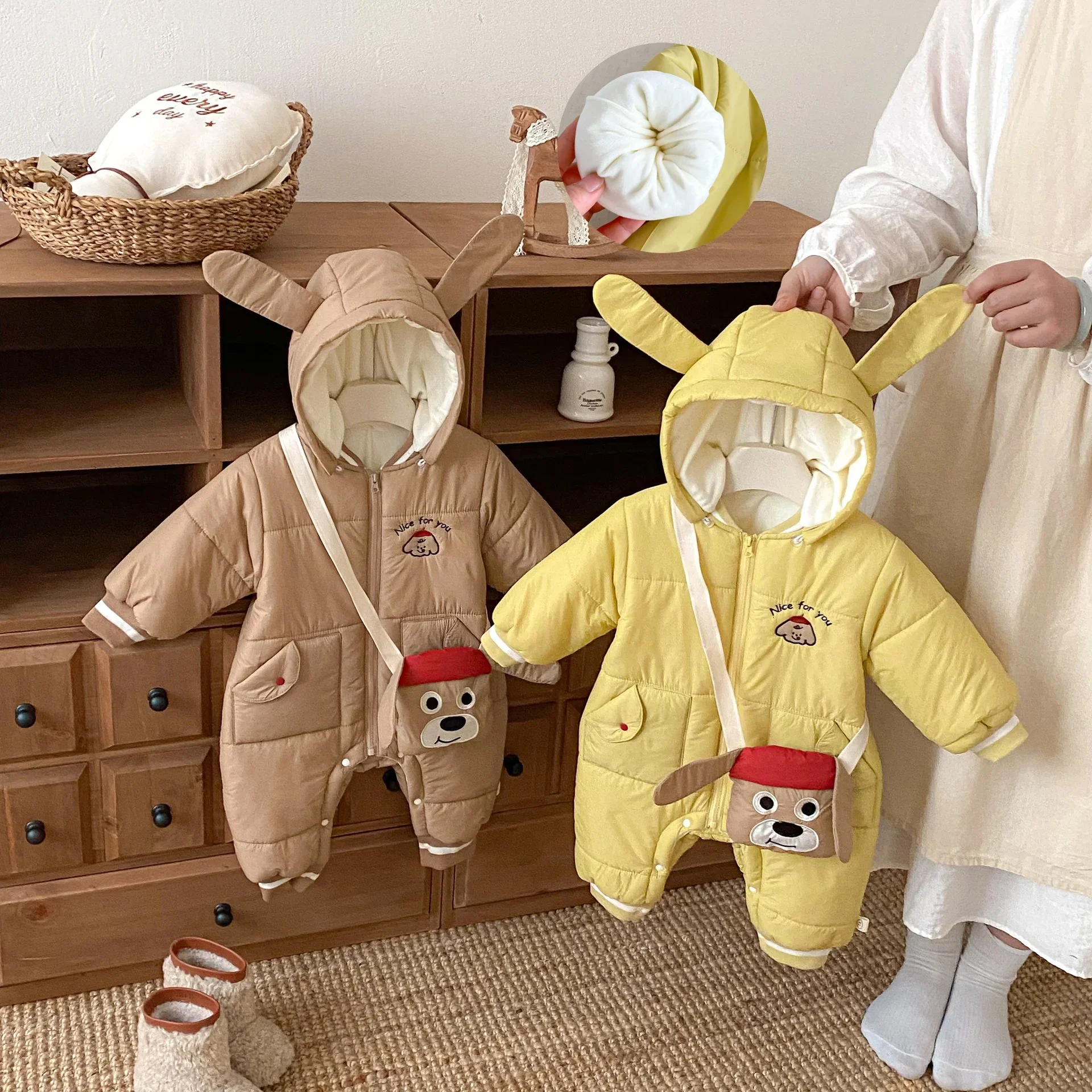 

0-2Y Baby Cartoon Dog Padded Romper Newborn Girls Boys Hooded with Ears Onesie Bodysuit Infant Warm Winter Outfit with Puppy Bag