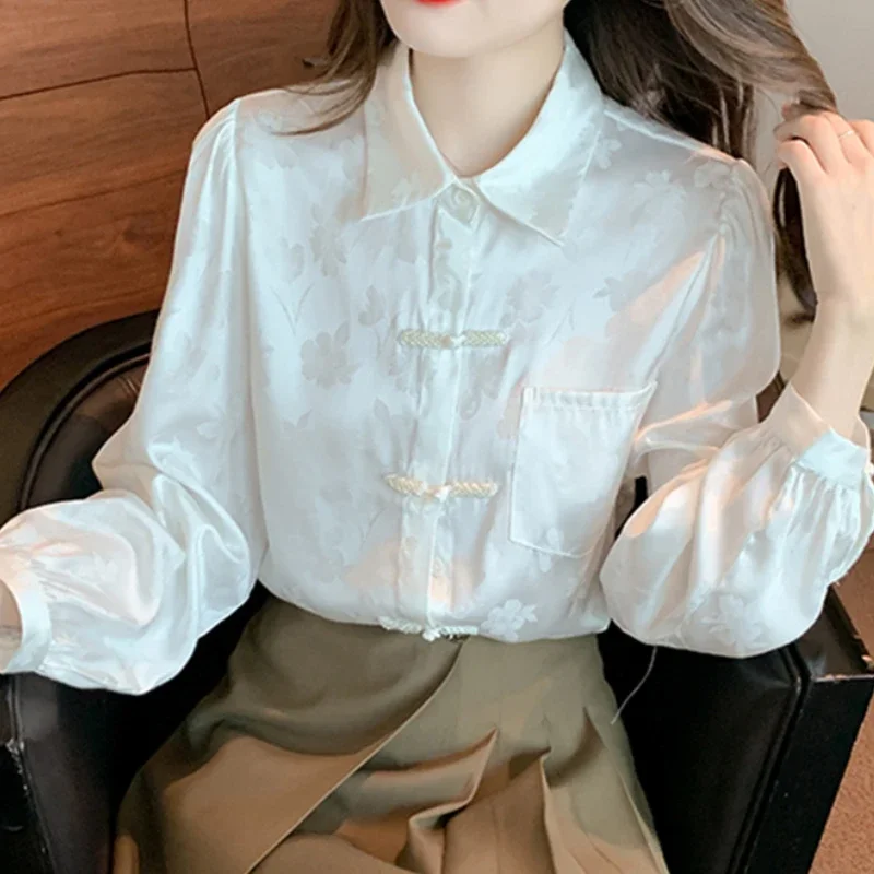 Dropshipping Females Chiffon Blouses for Women Clothing Fashion Elegant Puff Sleeves Tops Long Sleeve Solid Office Lady Spliced